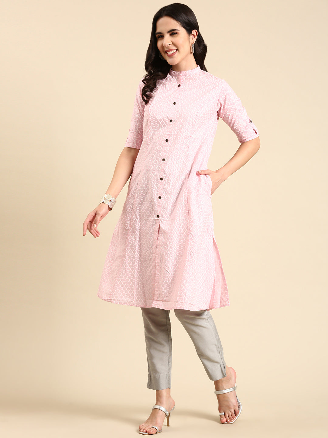 Women's Pink Printed Straight Kurta