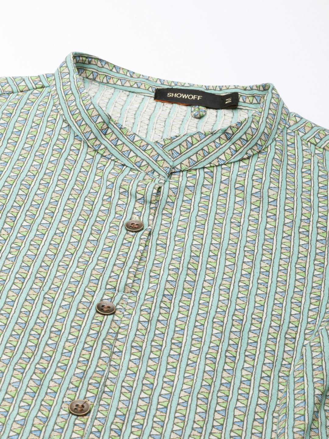 Women's Green Geometric Printed Cotton Mandarin Collar A-Line Kurta