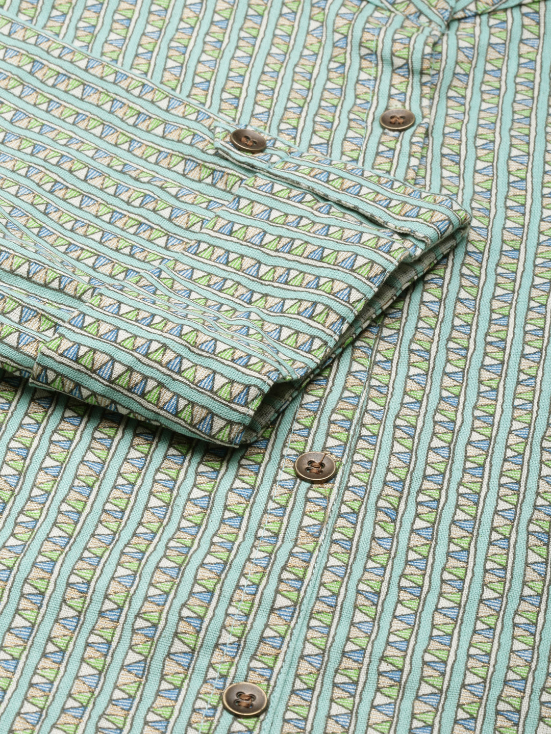 Women's Green Geometric Printed Cotton Mandarin Collar A-Line Kurta