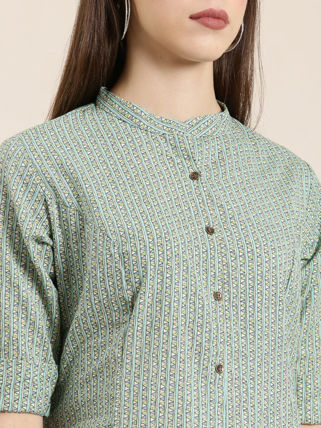 Women's Green Geometric Printed Cotton Mandarin Collar A-Line Kurta