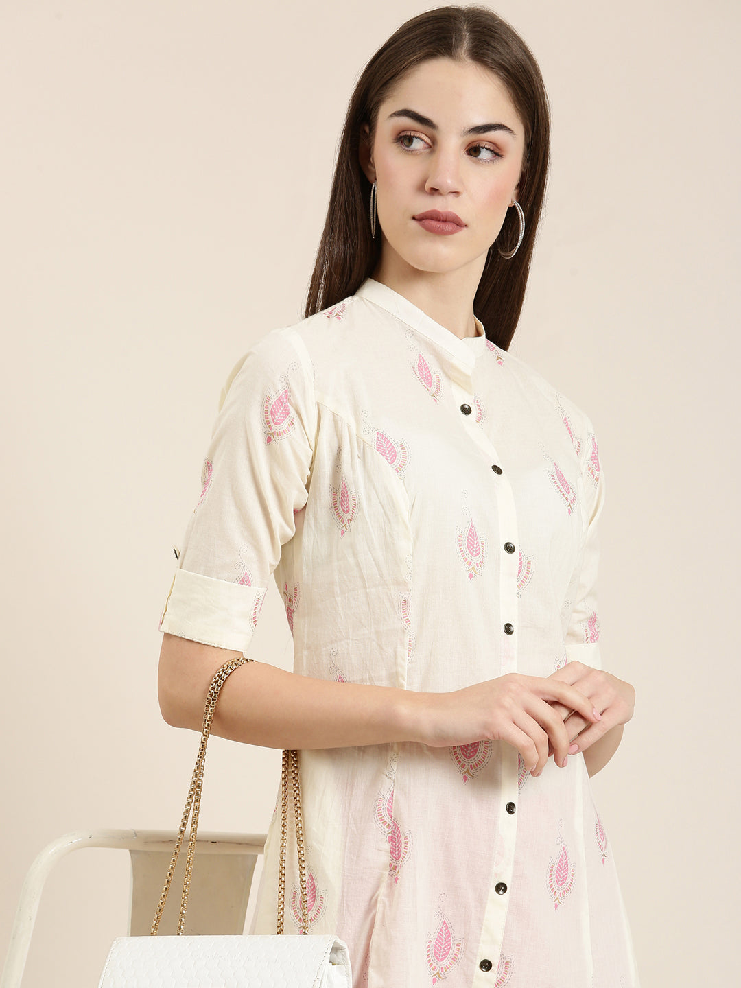 Women Cream Printed A-Line Kurta