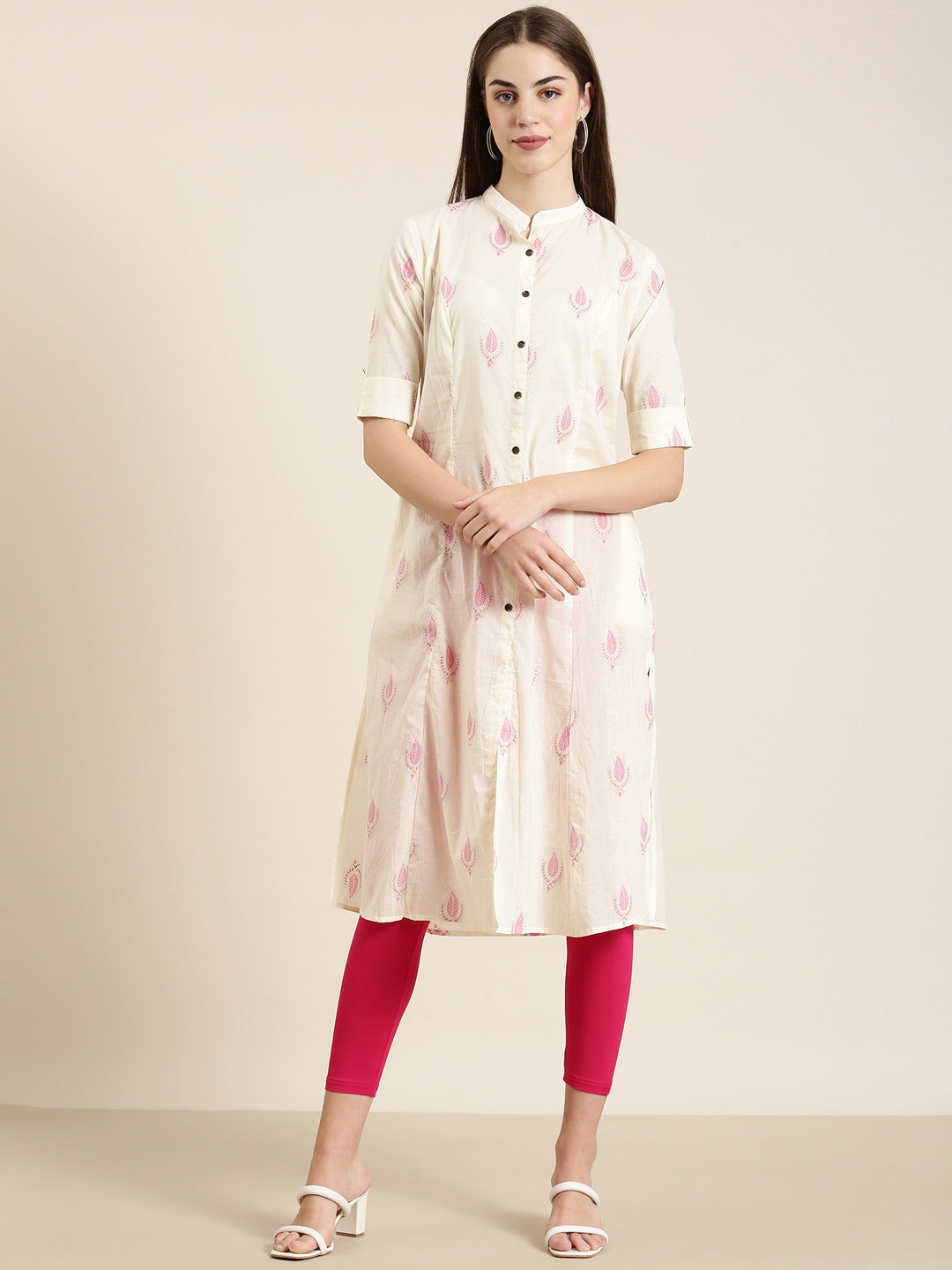 Women Cream Printed A-Line Kurta