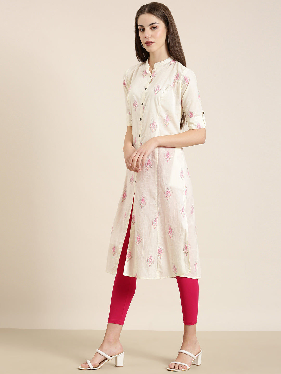 Women Cream Printed A-Line Kurta