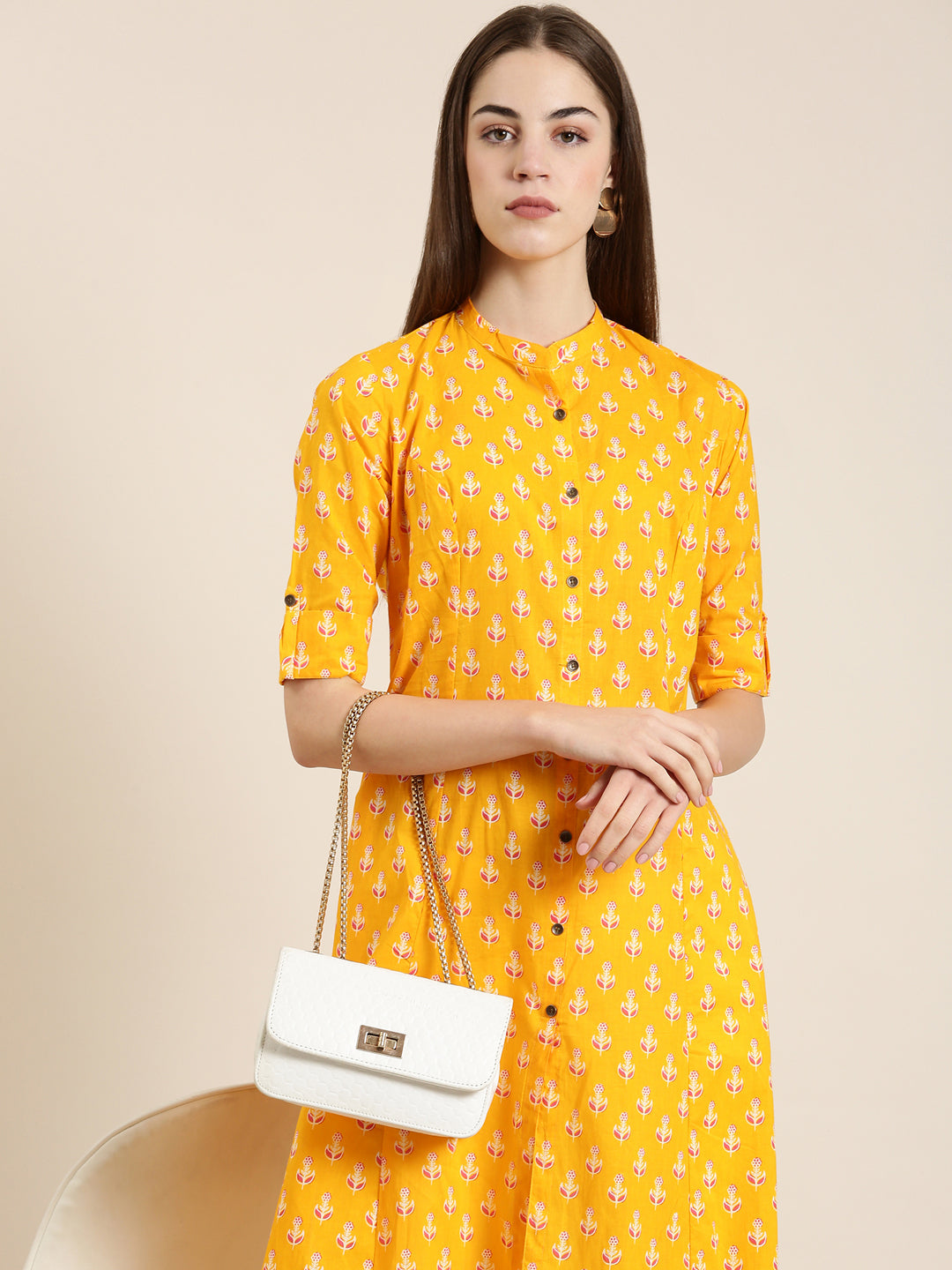 Women Orange Floral A-Line Kurta