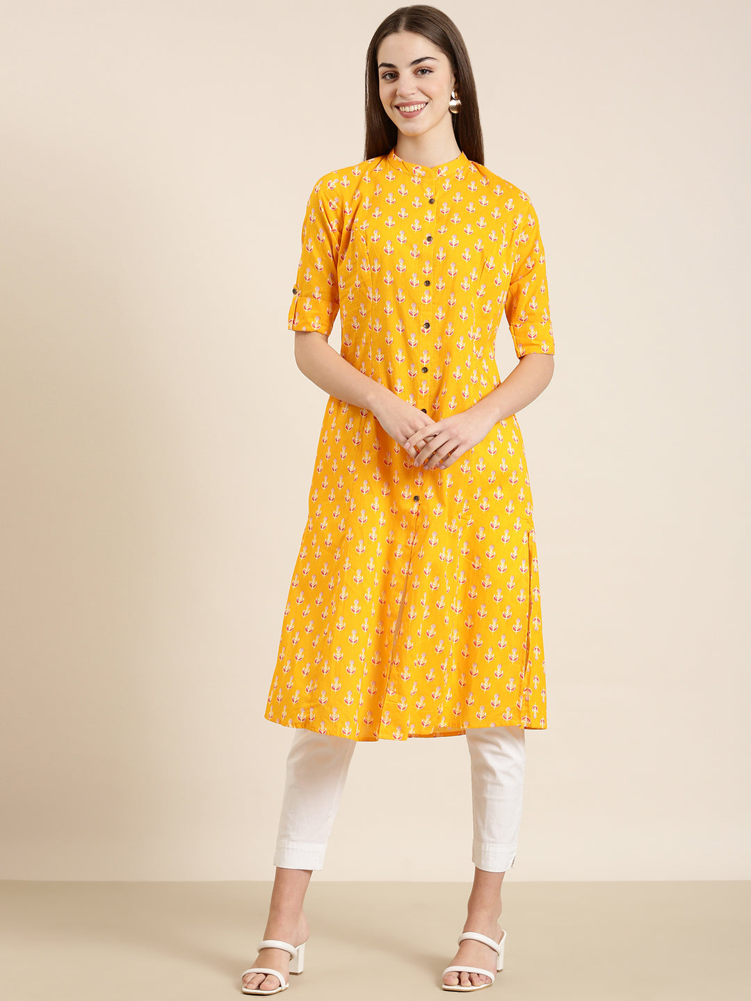 Women Orange Floral A-Line Kurta