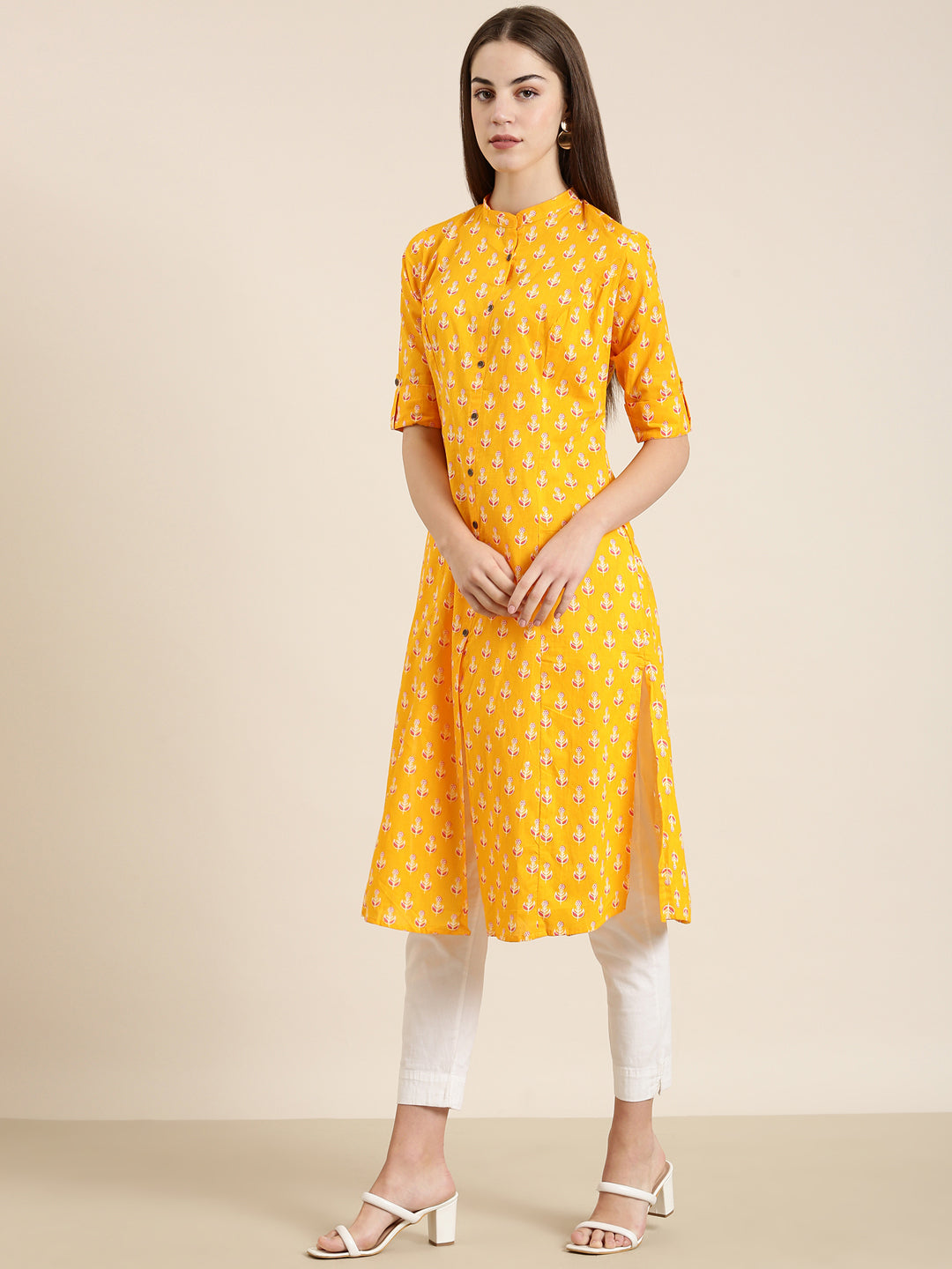 Women Orange Floral A-Line Kurta