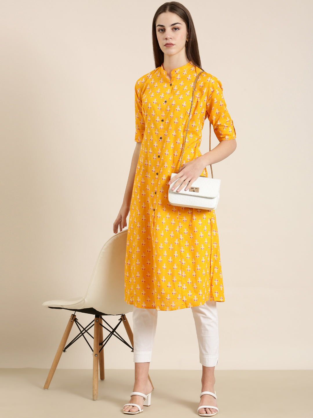 Women Orange Floral A-Line Kurta