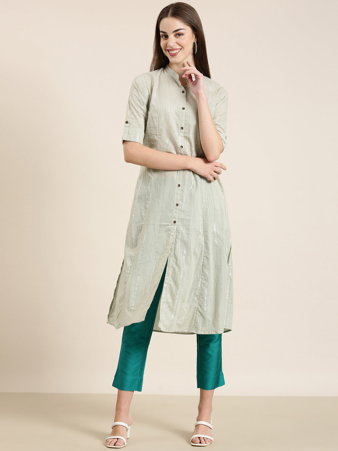 Women Sea Green Striped A-Line Kurta