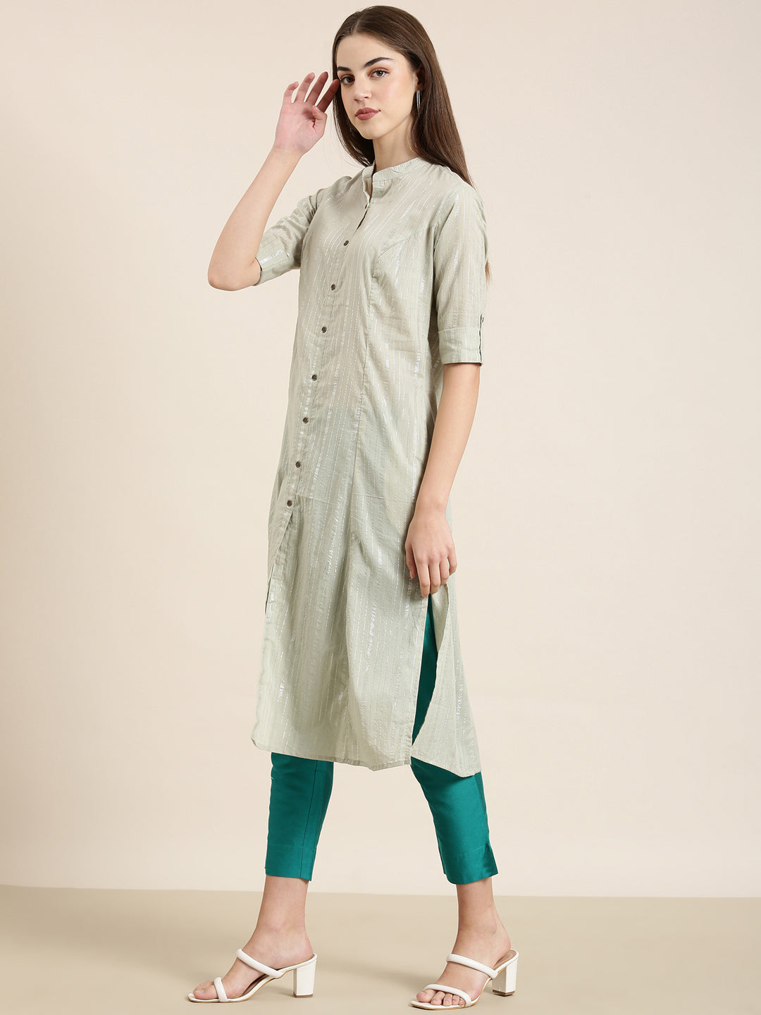 Women Sea Green Striped A-Line Kurta