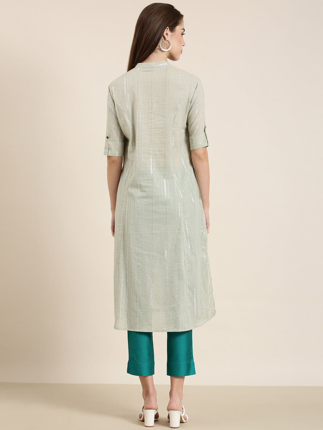 Women Sea Green Striped A-Line Kurta