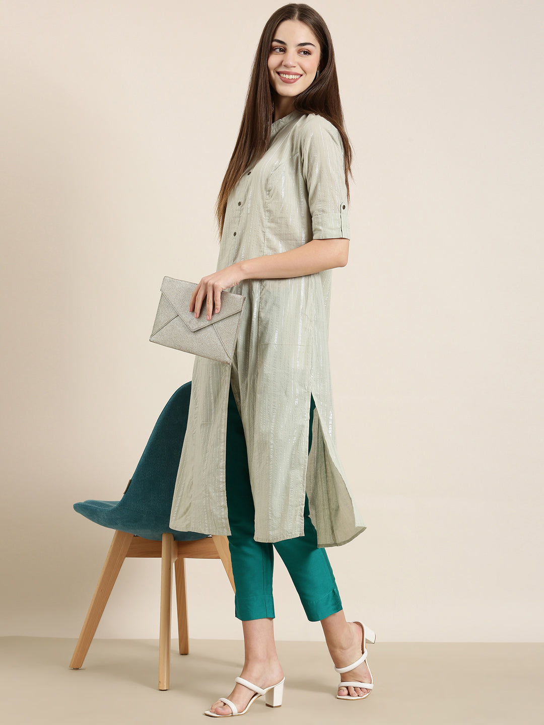 Women Sea Green Striped A-Line Kurta