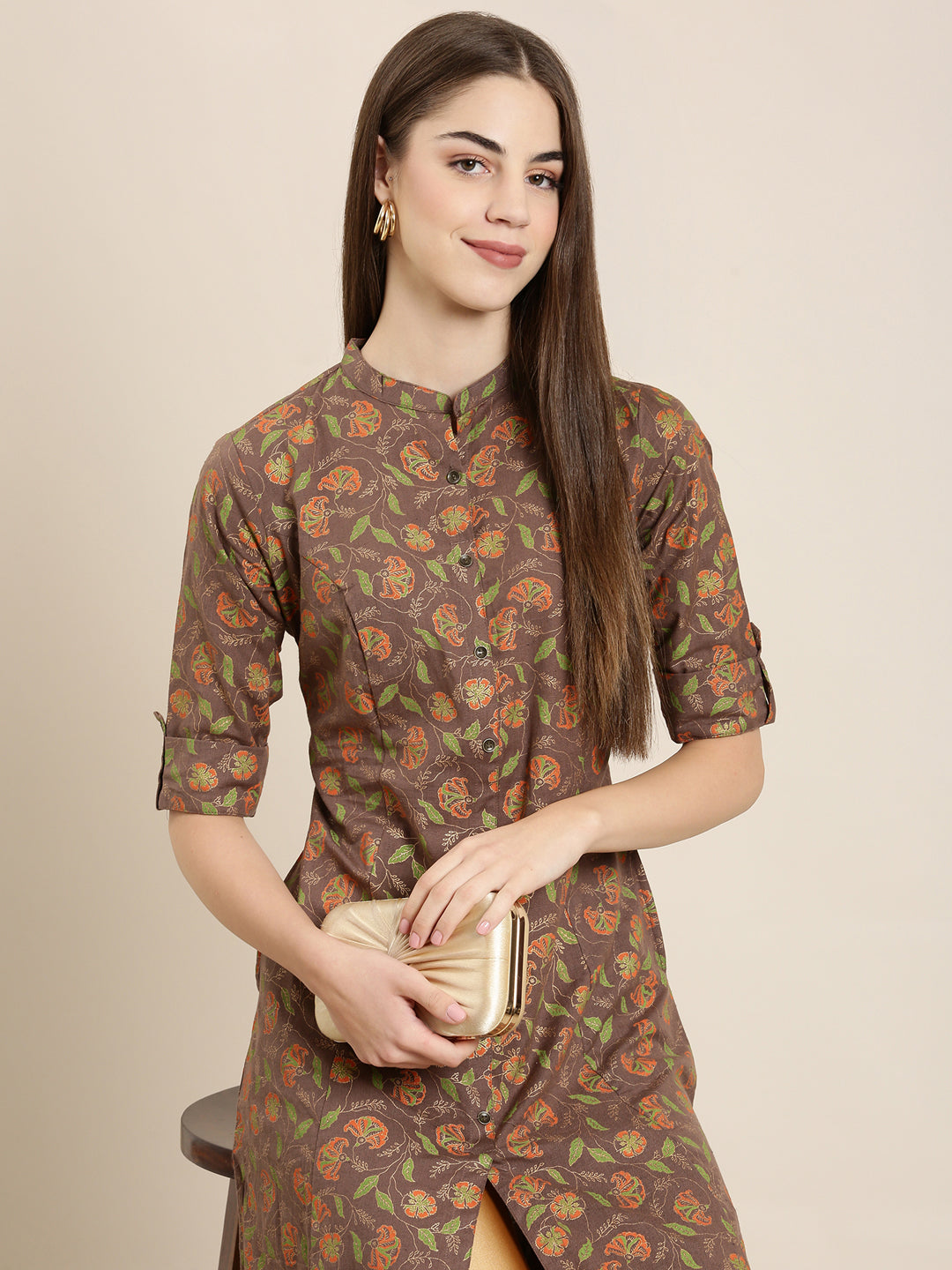 Women Taupe Floral A-Line Kurta