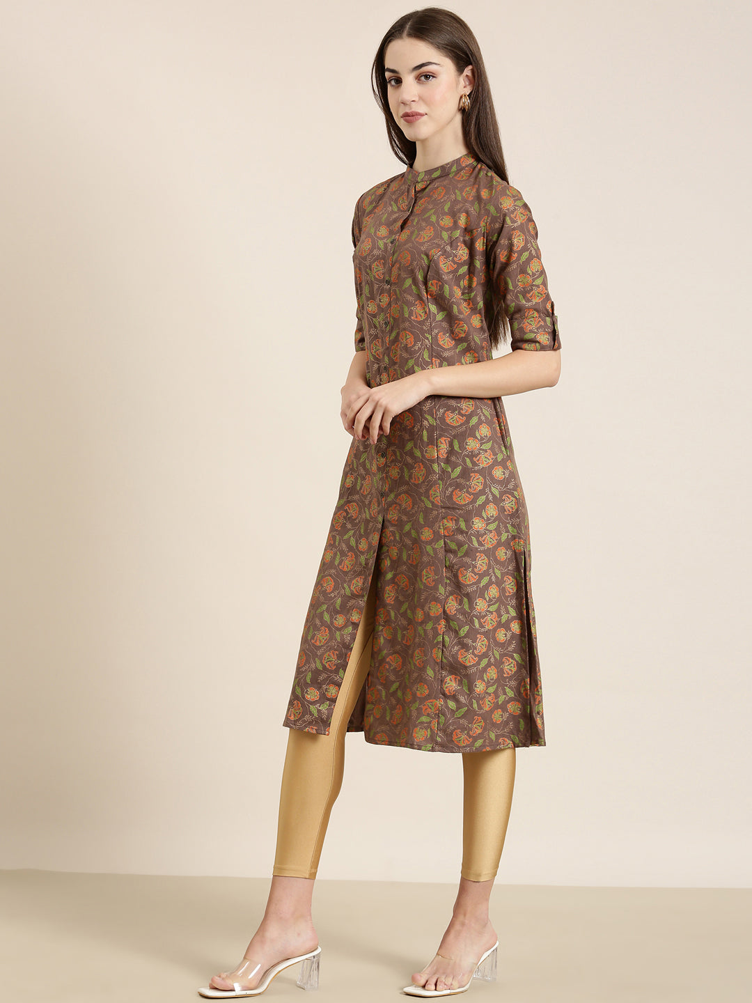 Women Taupe Floral A-Line Kurta