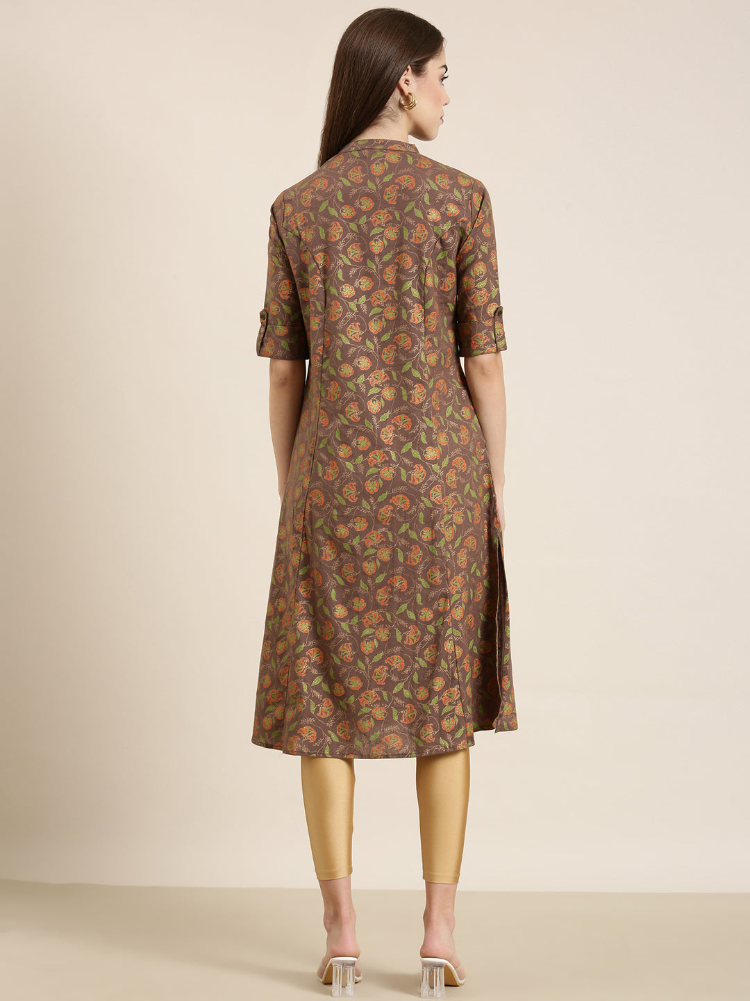 Women Taupe Floral A-Line Kurta