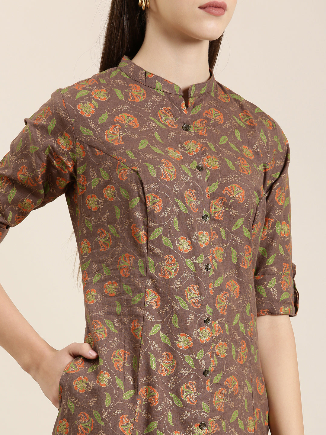 Women Taupe Floral A-Line Kurta