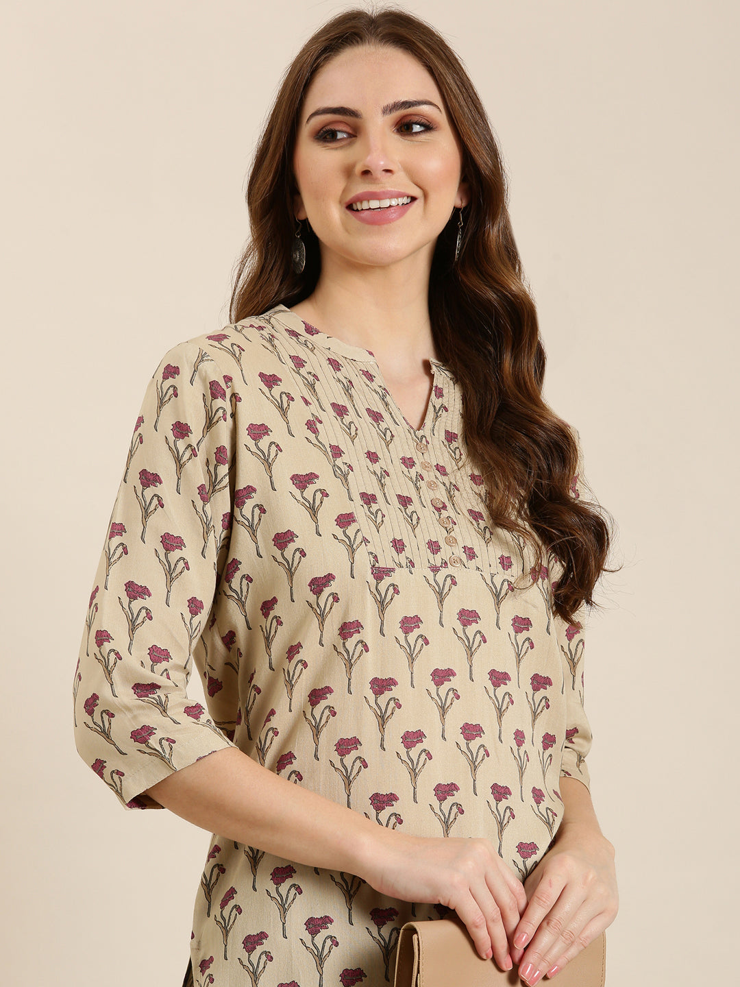 Women Beige Floral Straight Kurti