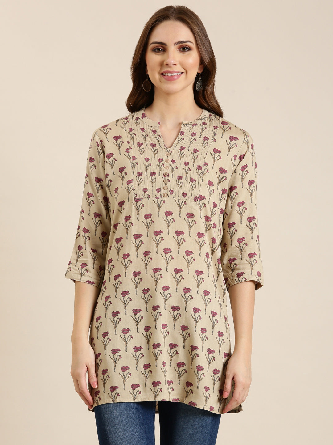 Women Beige Floral Straight Kurti