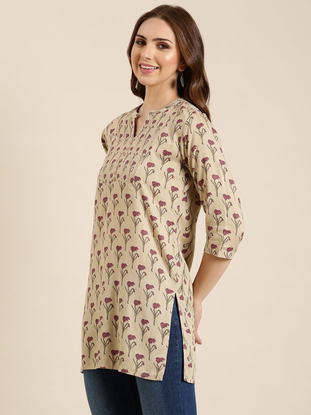 Women Beige Floral Straight Kurti