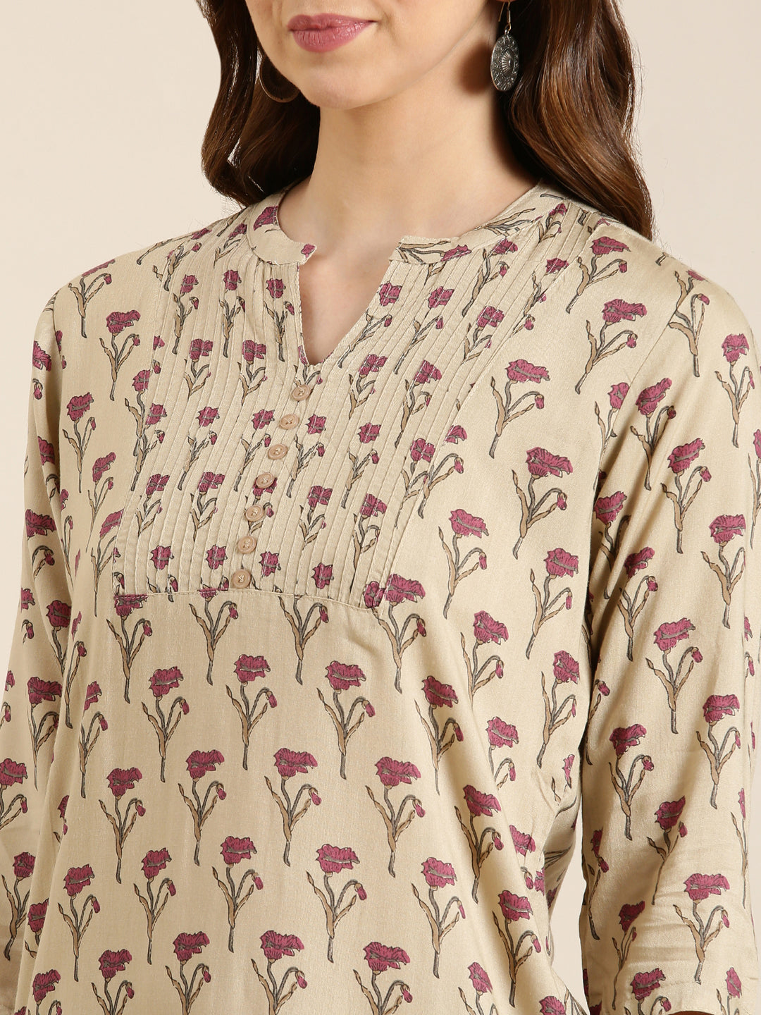 Women Beige Floral Straight Kurti