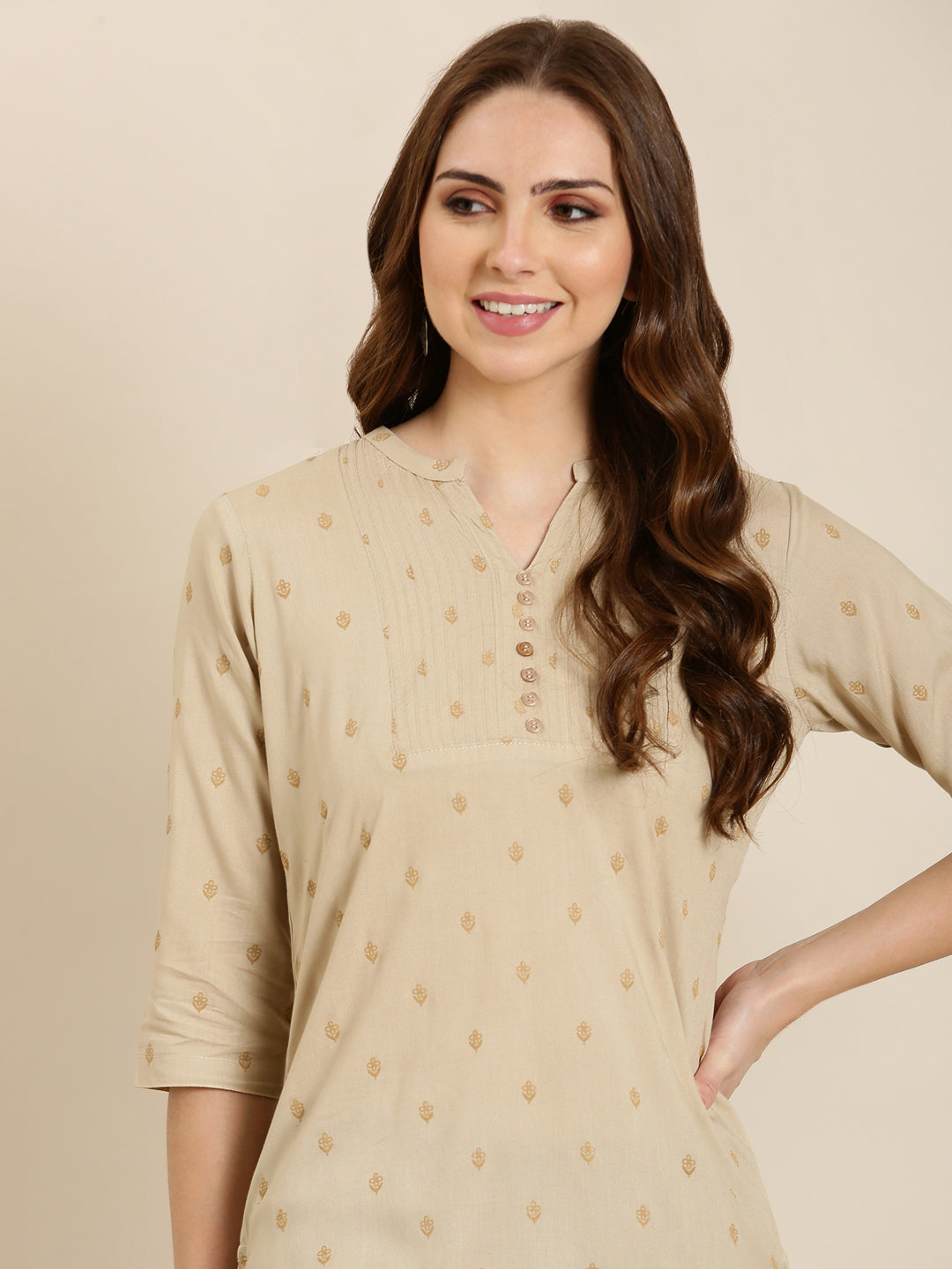 Women Beige Floral Straight Kurti