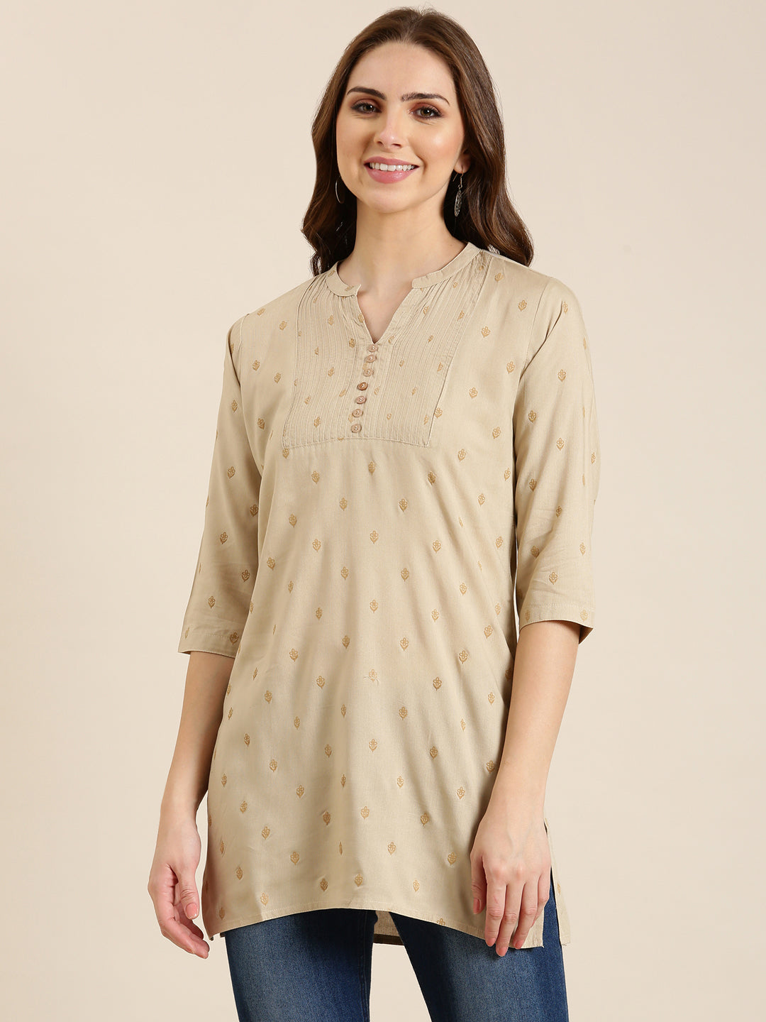 Women Beige Floral Straight Kurti