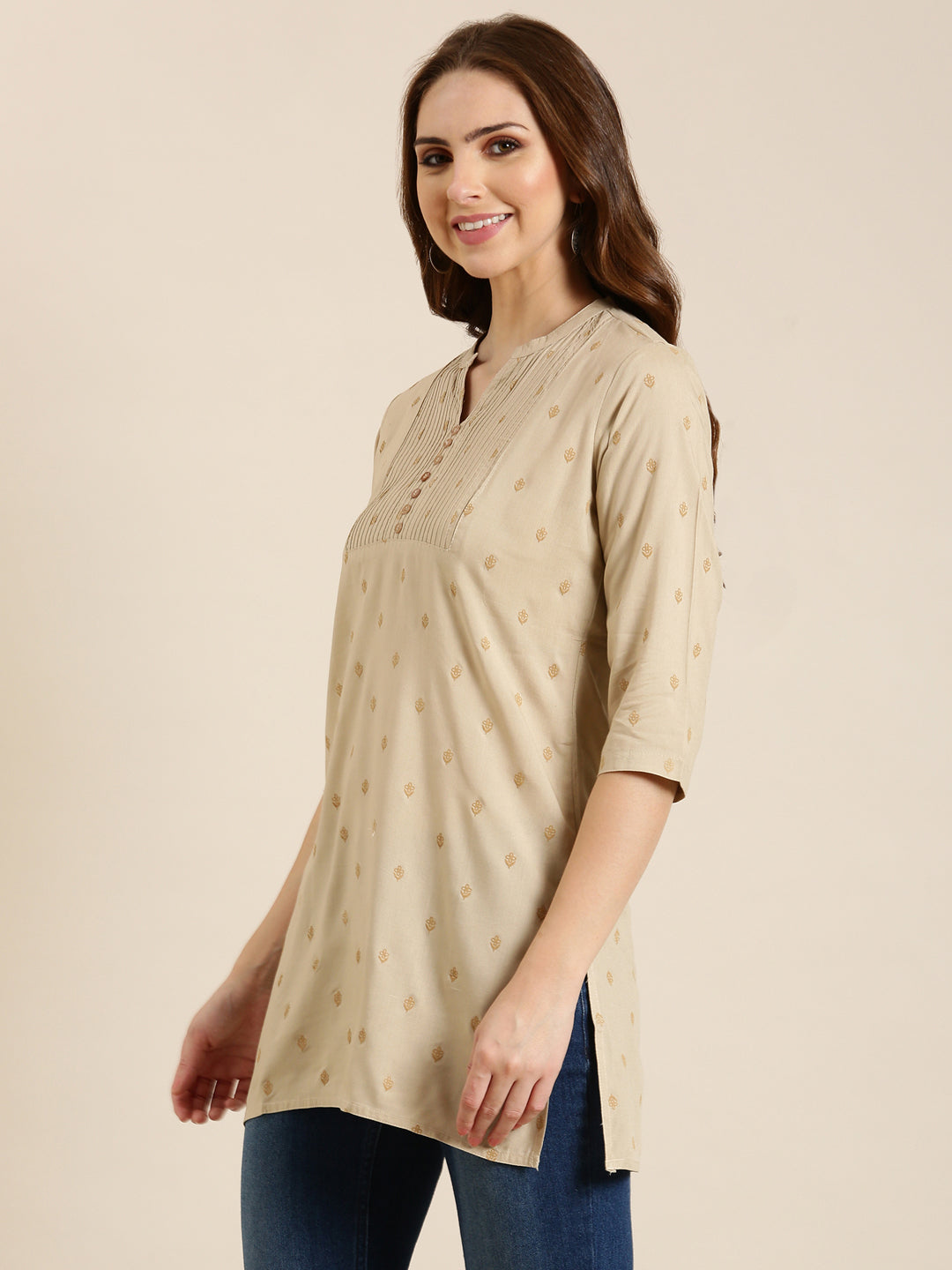 Women Beige Floral Straight Kurti