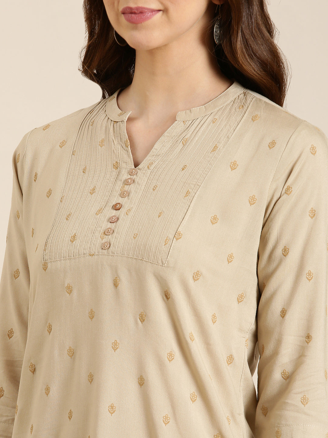 Women Beige Floral Straight Kurti