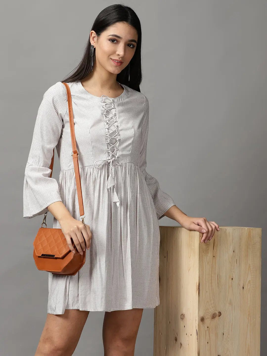 Women's Off White Checked Fit and Flare Dress