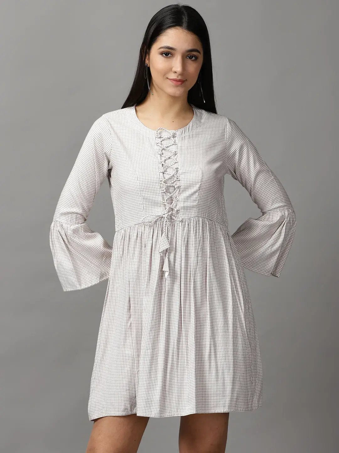 Women's Off White Checked Fit and Flare Dress