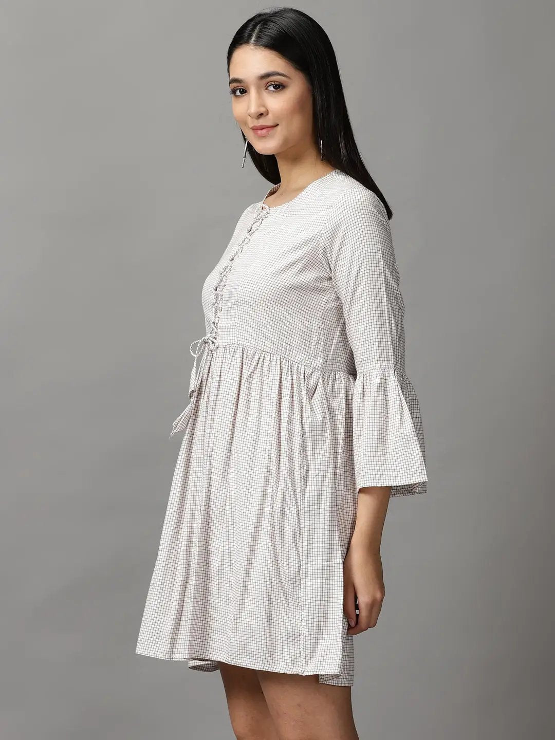 Women's Off White Checked Fit and Flare Dress