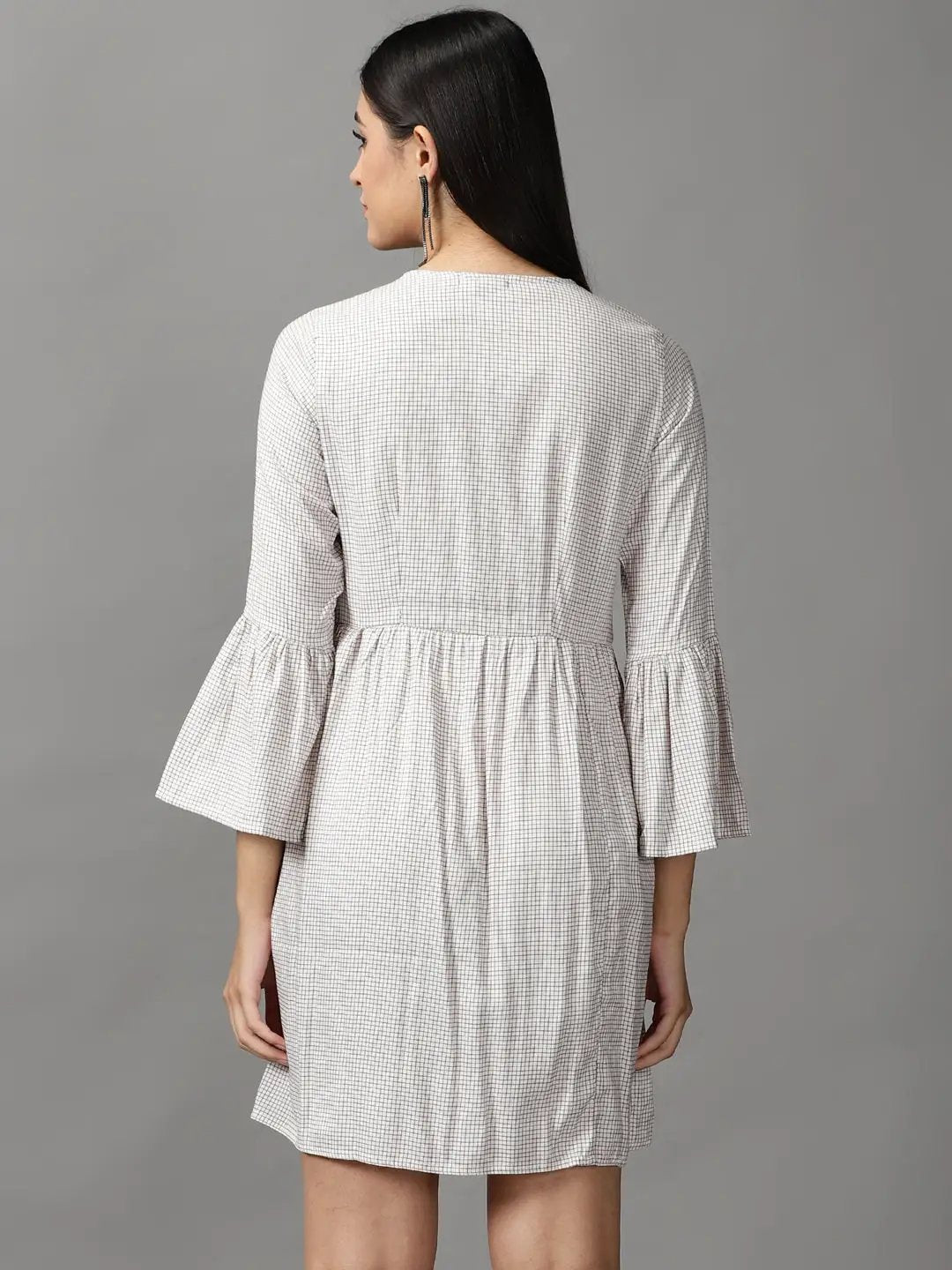 Women's Off White Checked Fit and Flare Dress