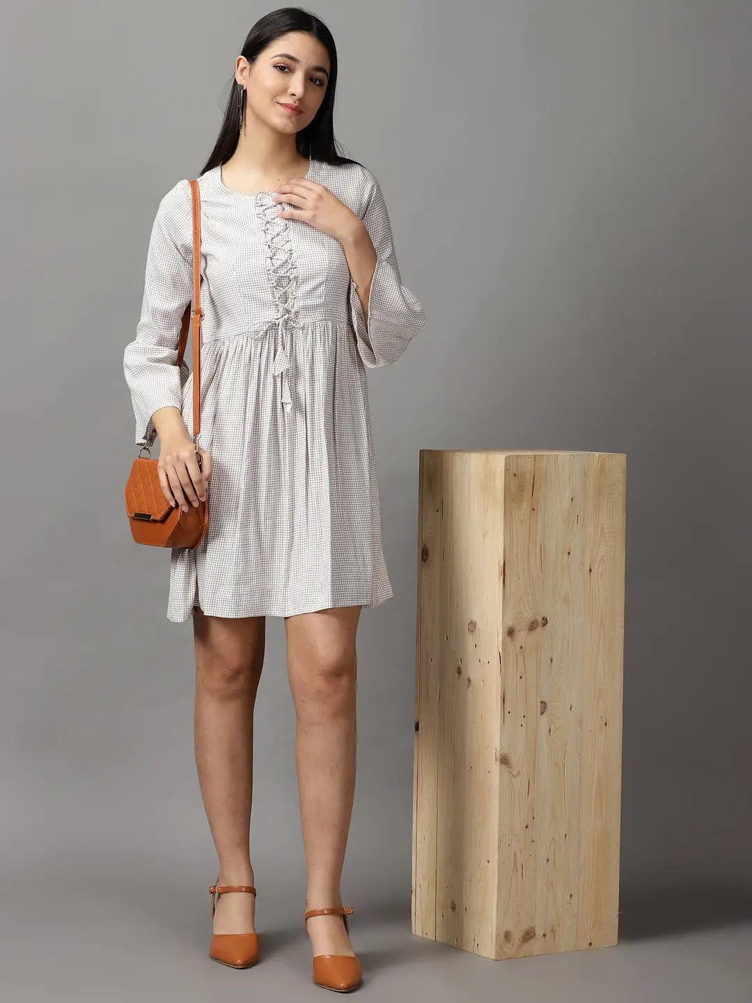 Women's Off White Checked Fit and Flare Dress
