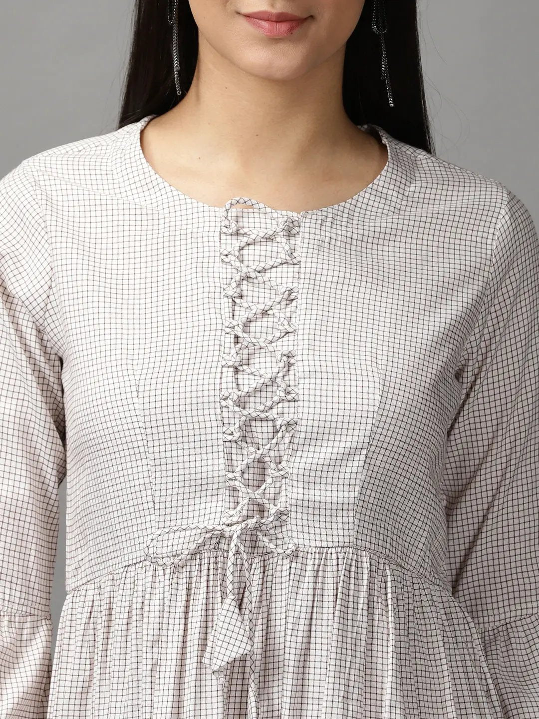 Women's Off White Checked Fit and Flare Dress