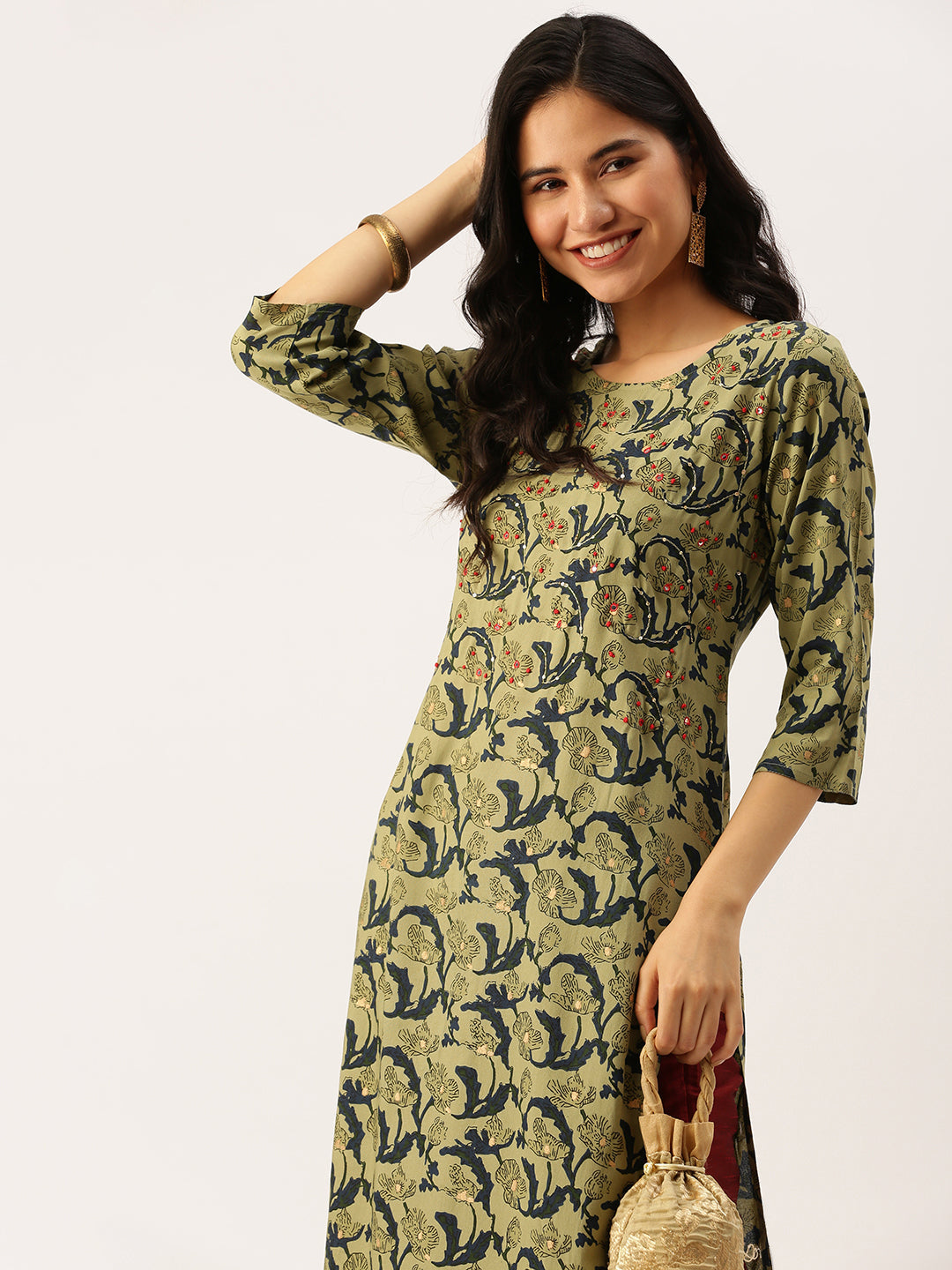 Women's Green Printed Straight Kurtas