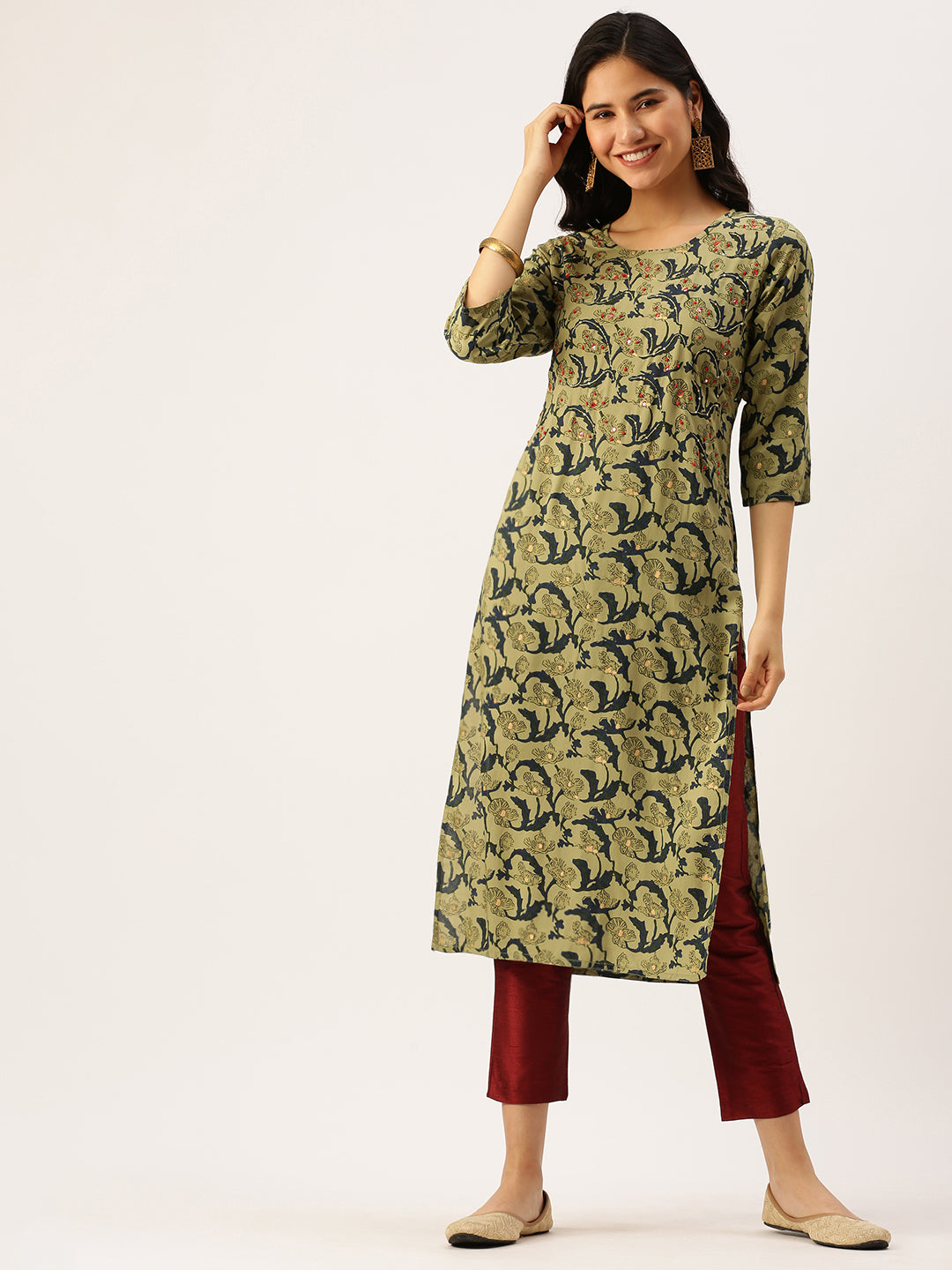 Women's Green Printed Straight Kurtas