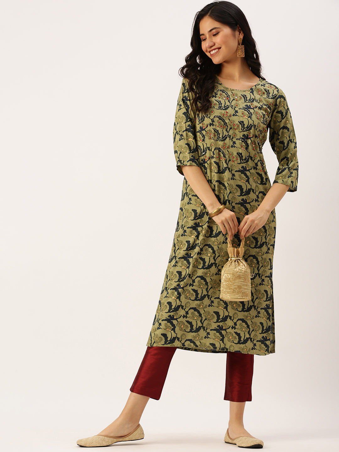 Women's Green Printed Straight Kurtas