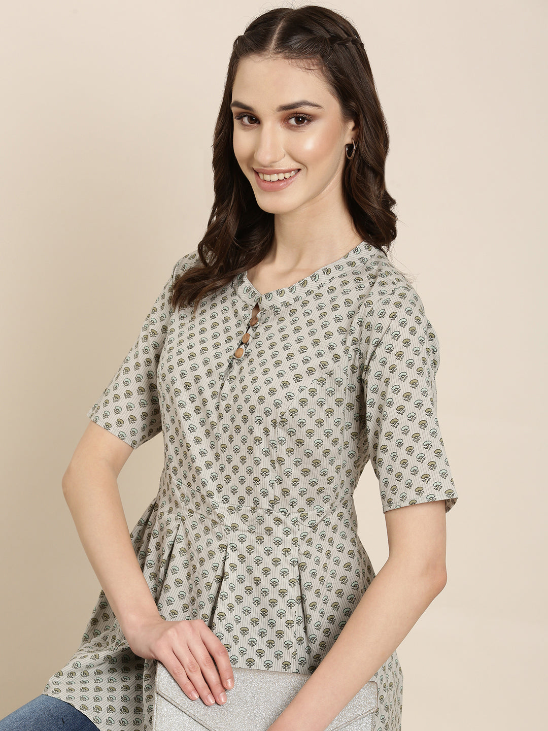 Women Grey Floral A-Line Kurti