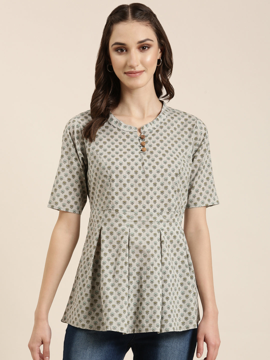 Women Grey Floral A-Line Kurti