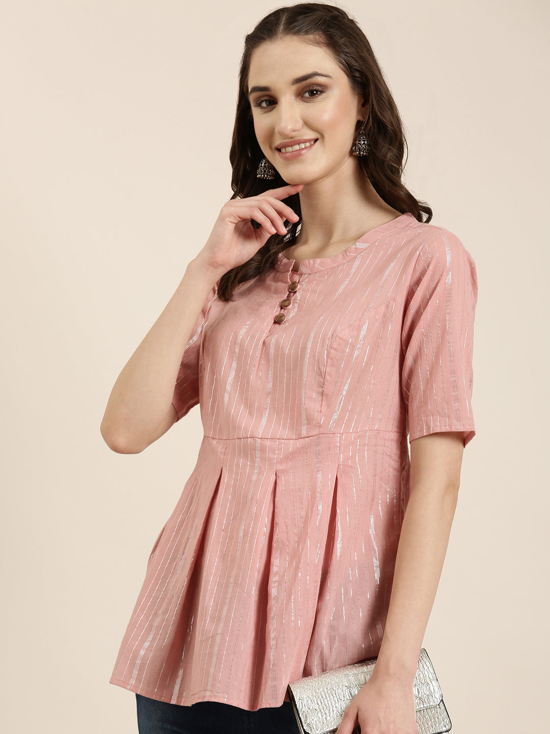 Women Pink Striped A-Line Kurti