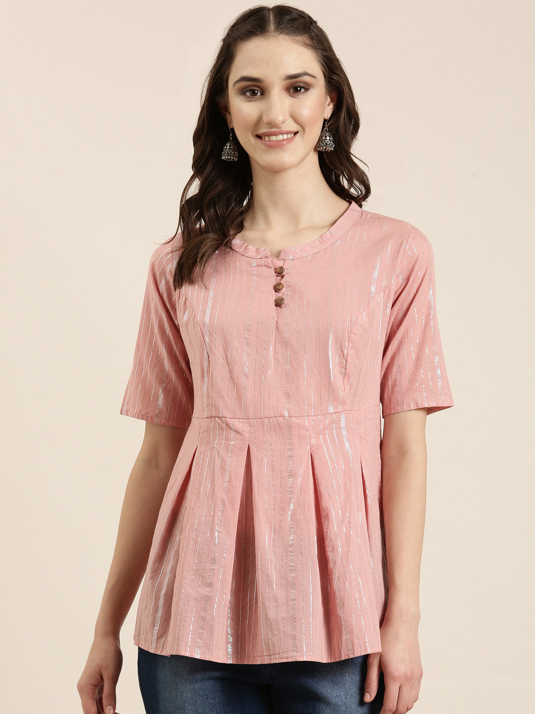 Women Pink Striped A-Line Kurti