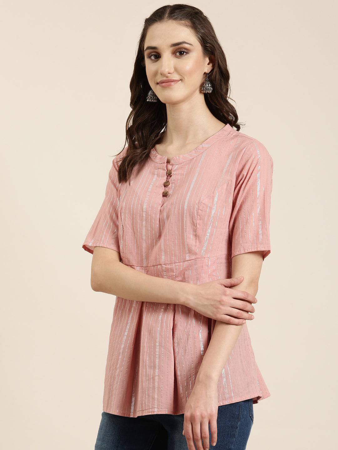 Women Pink Striped A-Line Kurti