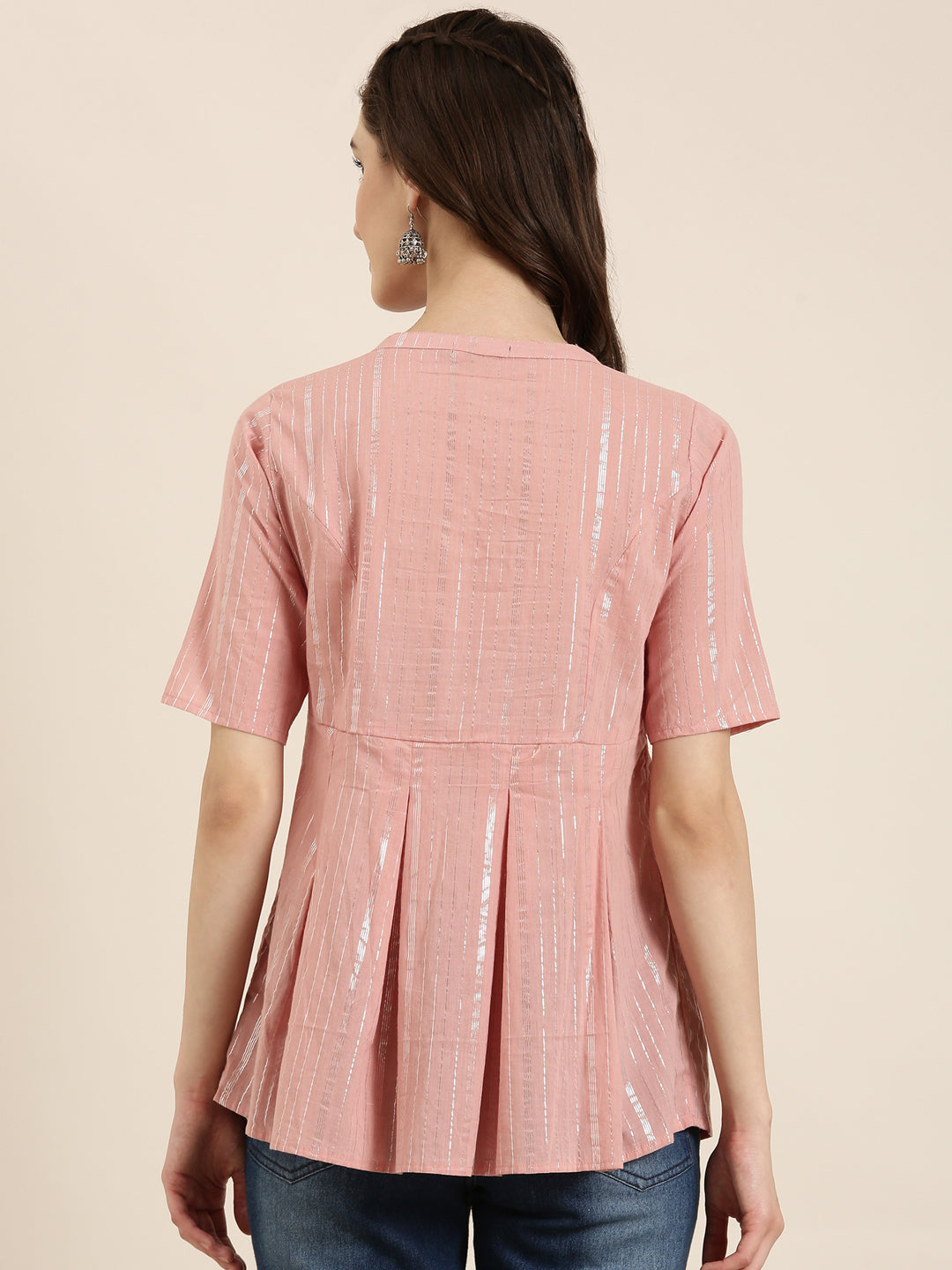 Women Pink Striped A-Line Kurti