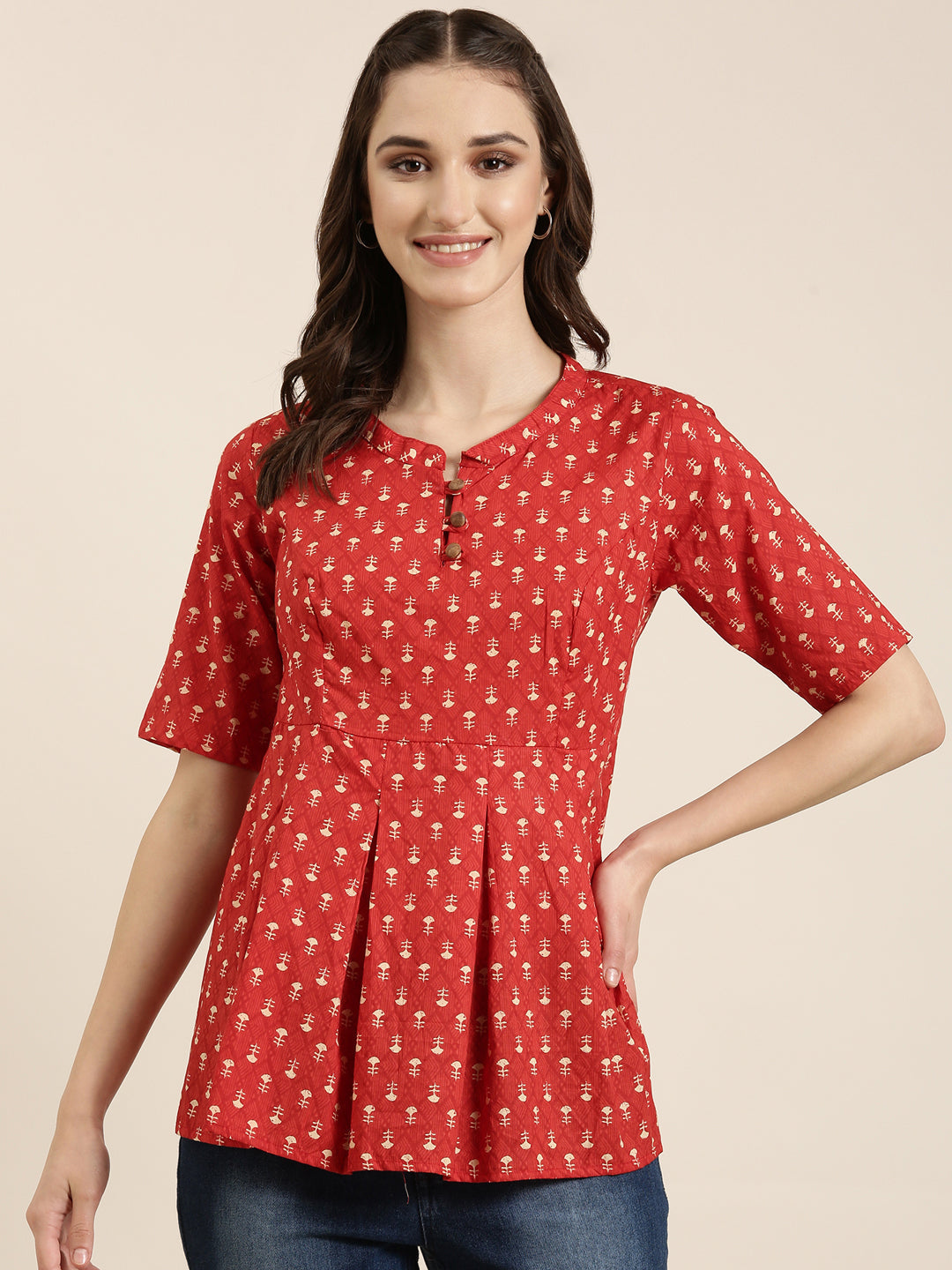 Women Red Geometrical A-Line Kurti