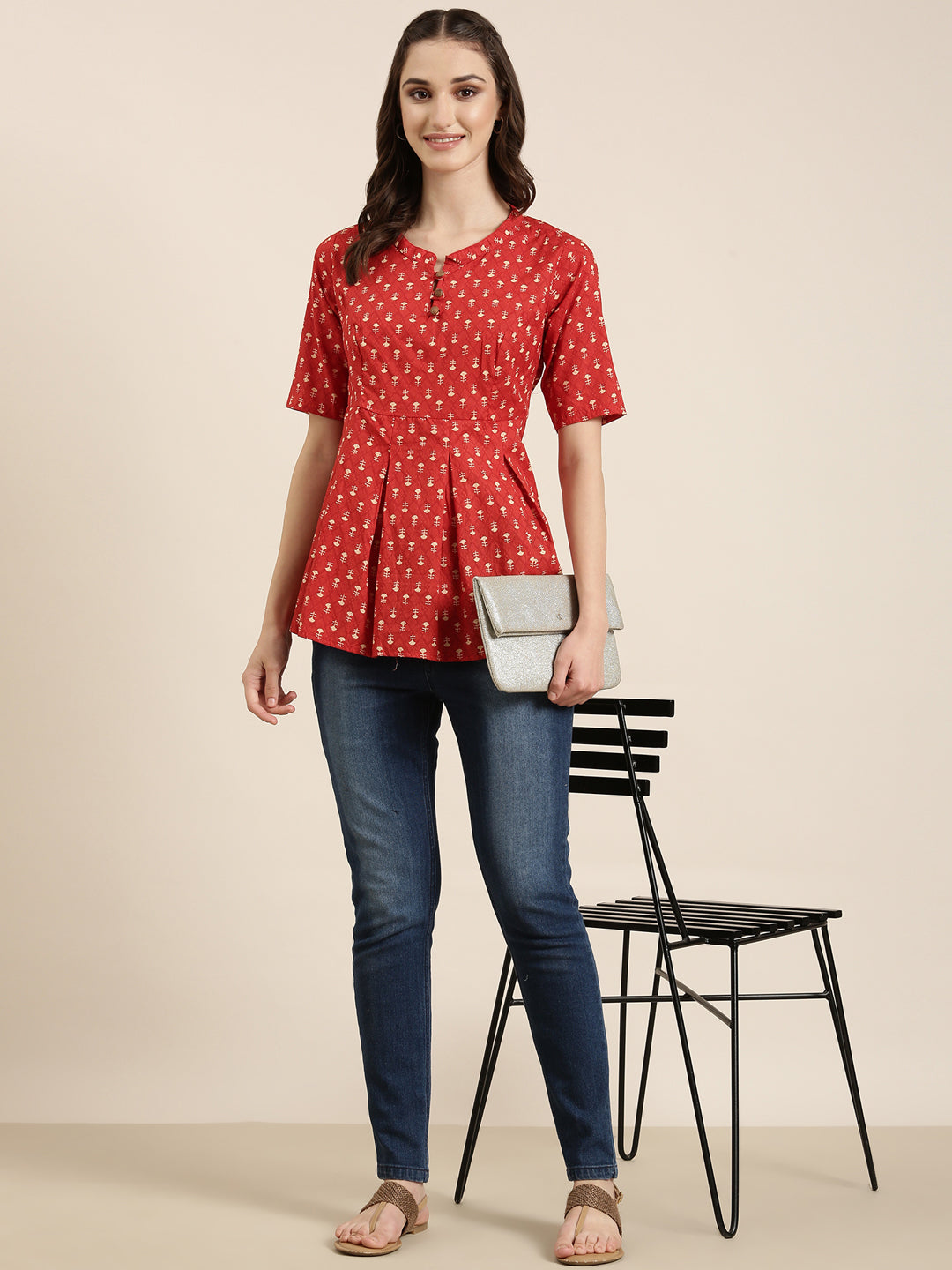 Women Red Geometrical A-Line Kurti