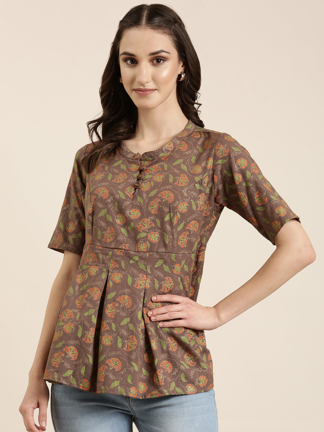 Women Taupe Floral A-Line Kurti