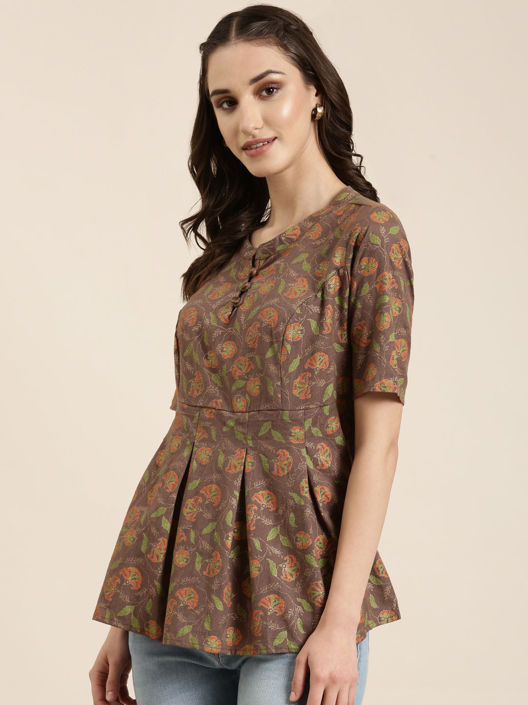 Women Taupe Floral A-Line Kurti