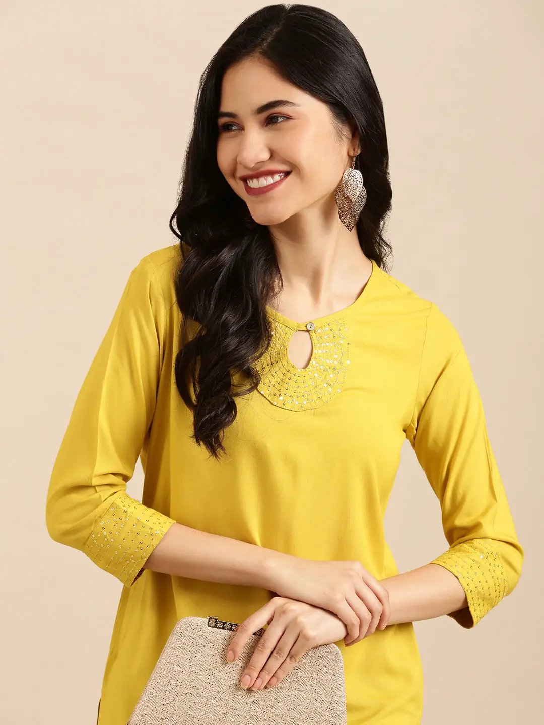 Women's Yellow Embellished Straight Kurta