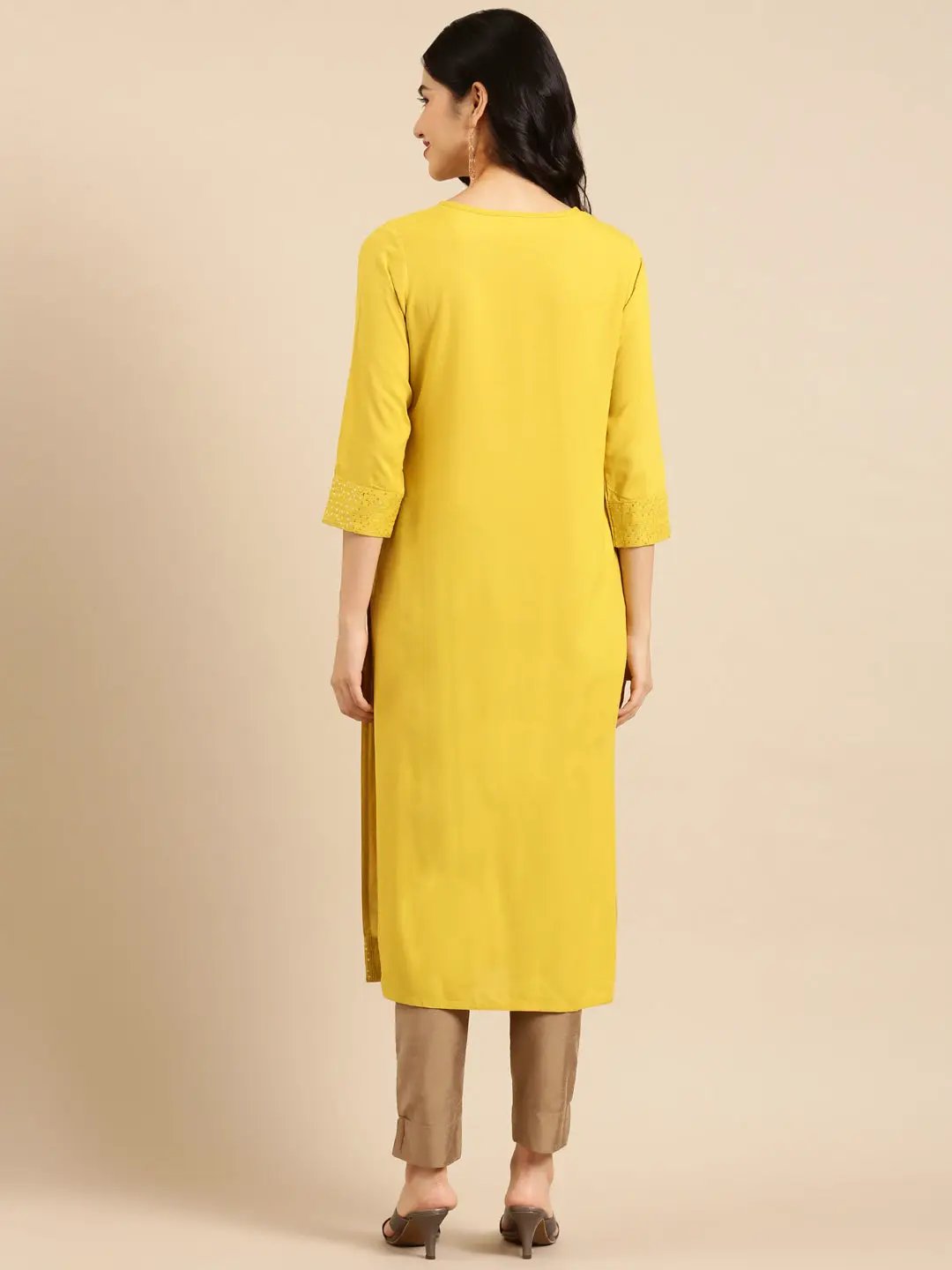 Women's Yellow Embellished Straight Kurta