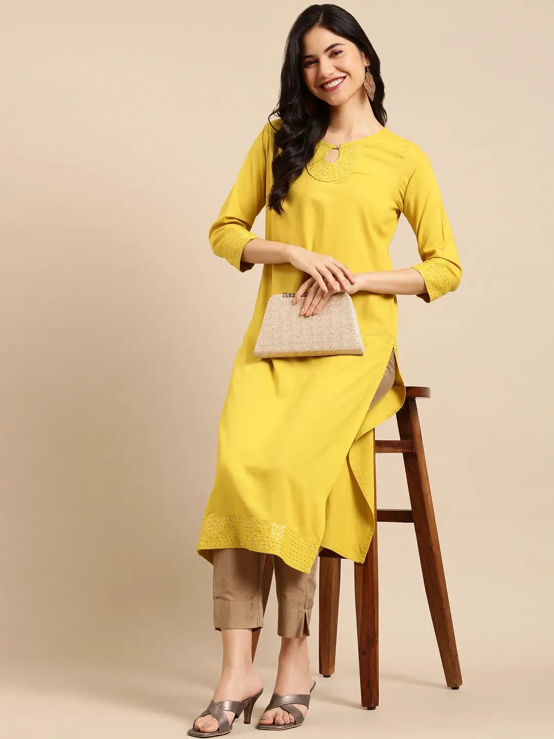 Women's Yellow Embellished Straight Kurta