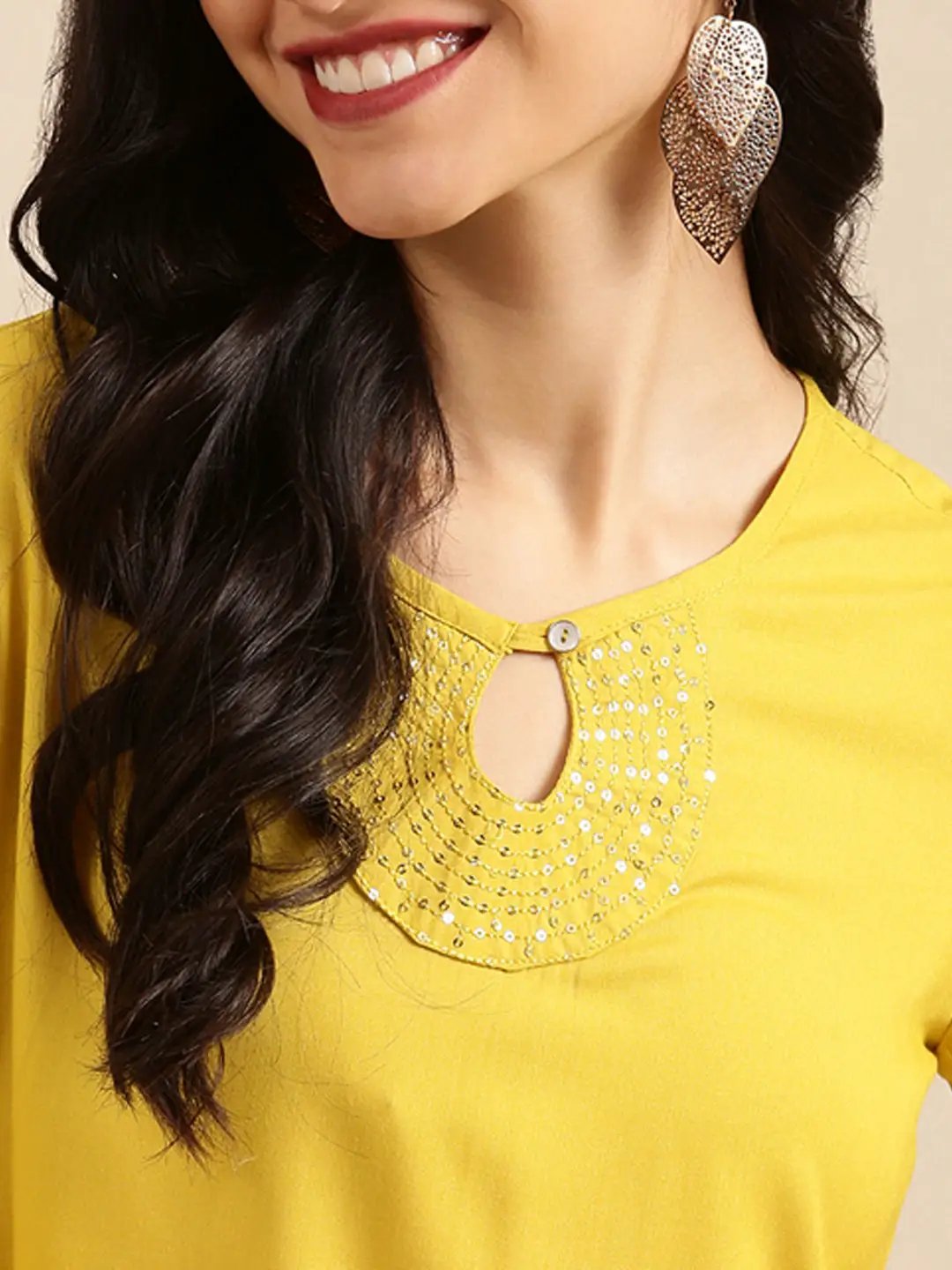Women's Yellow Embellished Straight Kurta